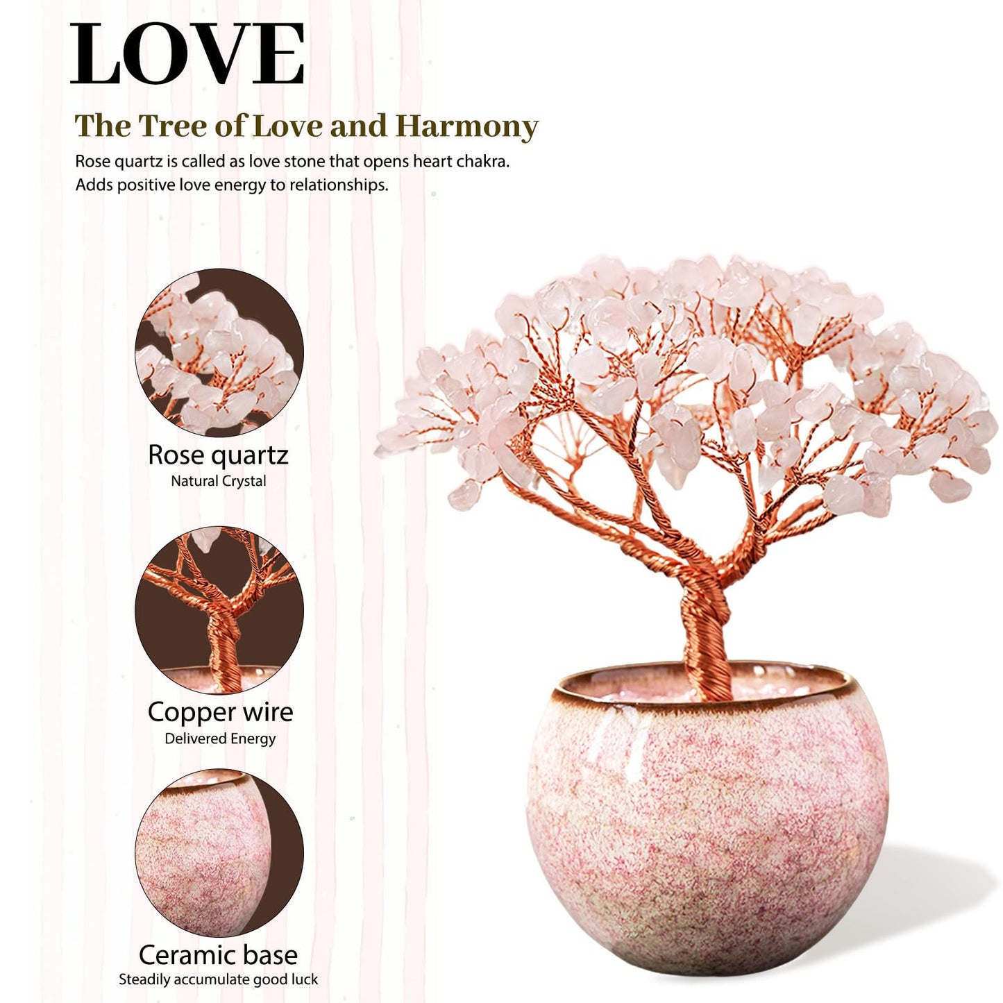 Runyangshi Crystal Tree of Life - Natural Rose Quartz Gemstone Tree, Handcrafted with 216 Crystal Gravel, for Feng Shui, Luck, Prosperity, Abundance, Home Decor, Spiritual Gift for Women