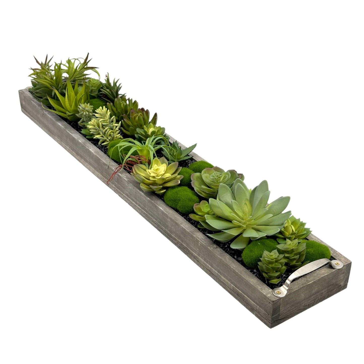 Galt International Faux Assorted Succulent in 31" Wood Tray w/Handles w/Black Rocks | Grey Wood Tray, Artificial Green Moss, Dining Coffee Table Centerpiece (Updated 2026 Packaging)