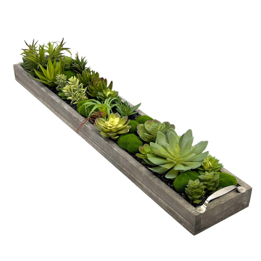 Galt International Faux Assorted Succulent in 31" Wood Tray w/Handles w/Black Rocks | Grey Wood Tray, Artificial Green Moss, Dining Coffee Table Centerpiece (Updated 2026 Packaging)