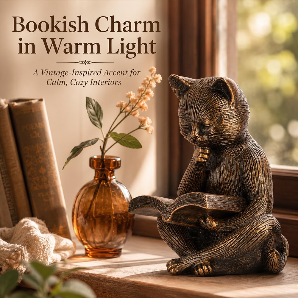 UANYEMON Reading Cat Figurine, 6.4-Inch Bronze-Finish Resin Cat Statue