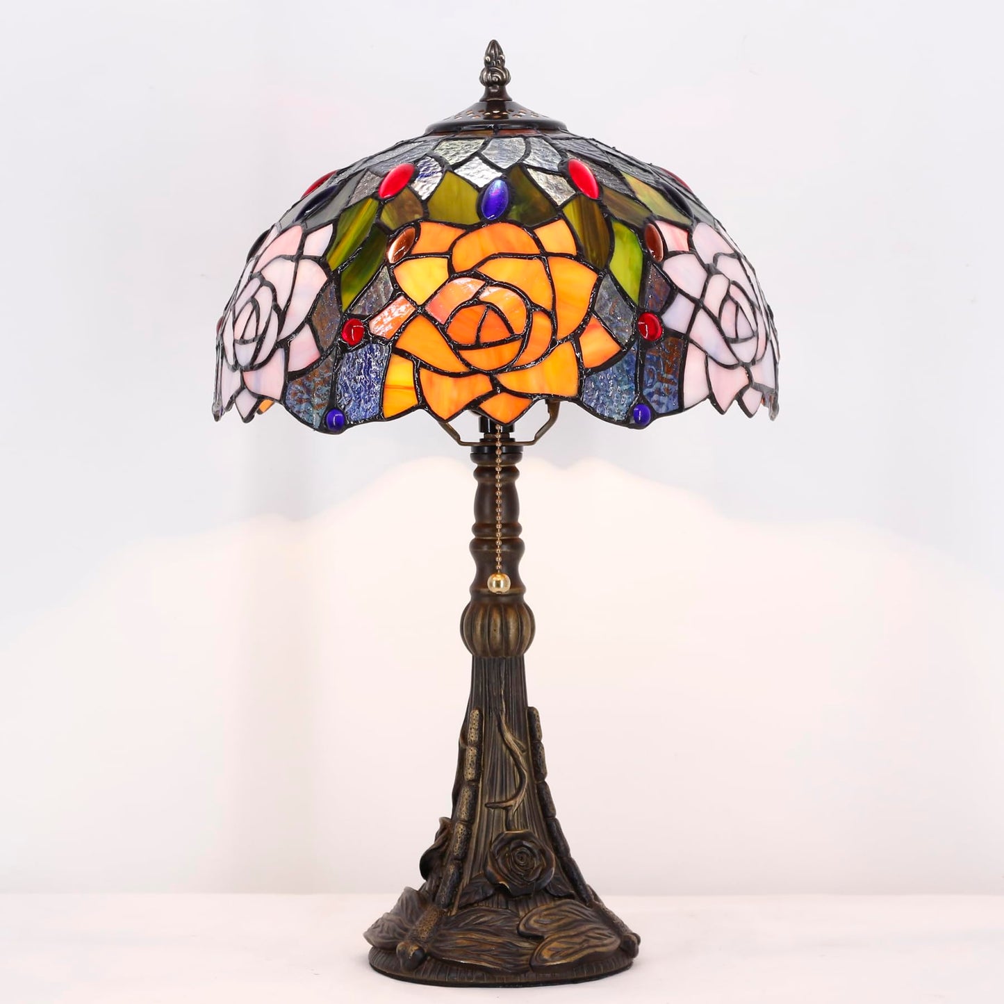 ANYONGLU Tiffany Lamp Stained Glass Table Lamp 12X12X19 Inch Resin Base for Desk Bedroom Living Room Reading Light(Purple Orange Rose Flower)