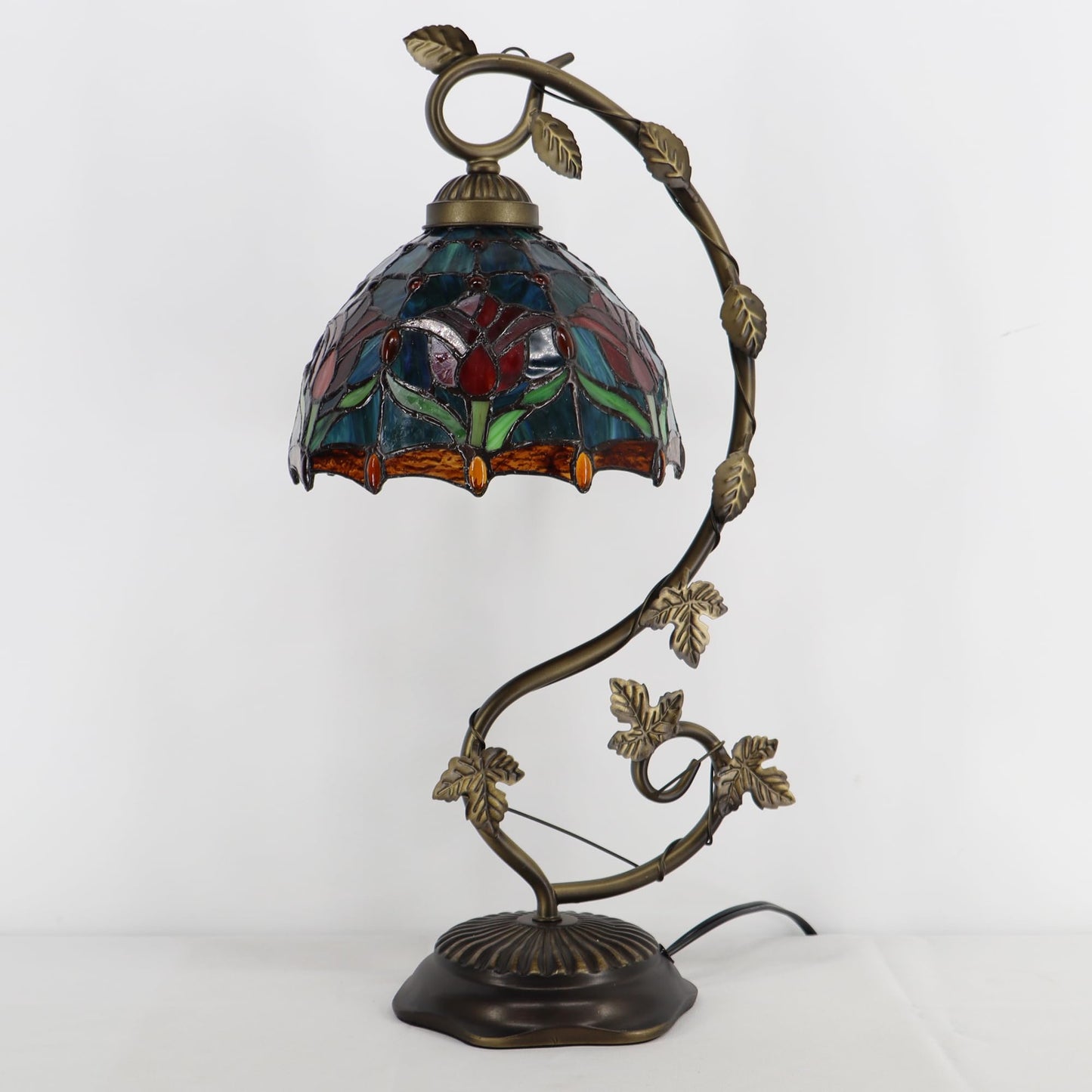 LXHCYOU Tiffany Table Lamp, Stained Glass Desk Light, 8X10X21 Inches, Metal Leaf Base (Tulip Style)