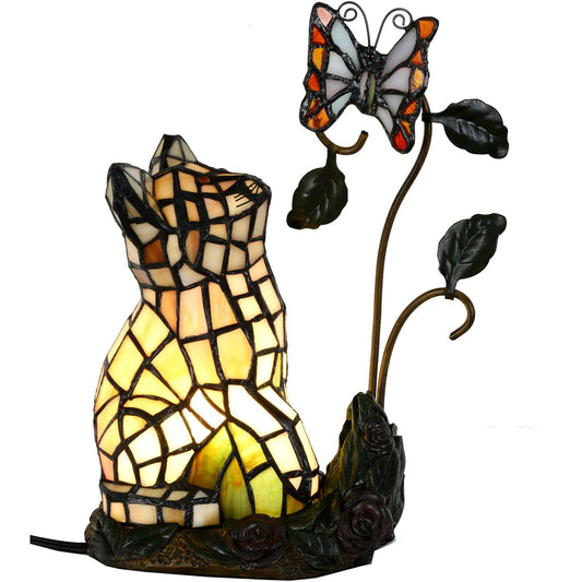 Bieye L10891 Tiffany-Style Stained Glass Cat Accent Table Lamp - Adorable Orange Cat Watching a Butterfly - 10-Inch Tall