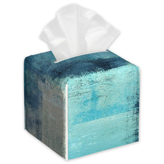 Abstract Turquoise Grey Art Tissue Box Cover,PU Leather Tissue Box Holder Square,Modern Home Decoration for Bathroom Living Room Kitchen Office Car,5.2"×5.2"×5.2"
