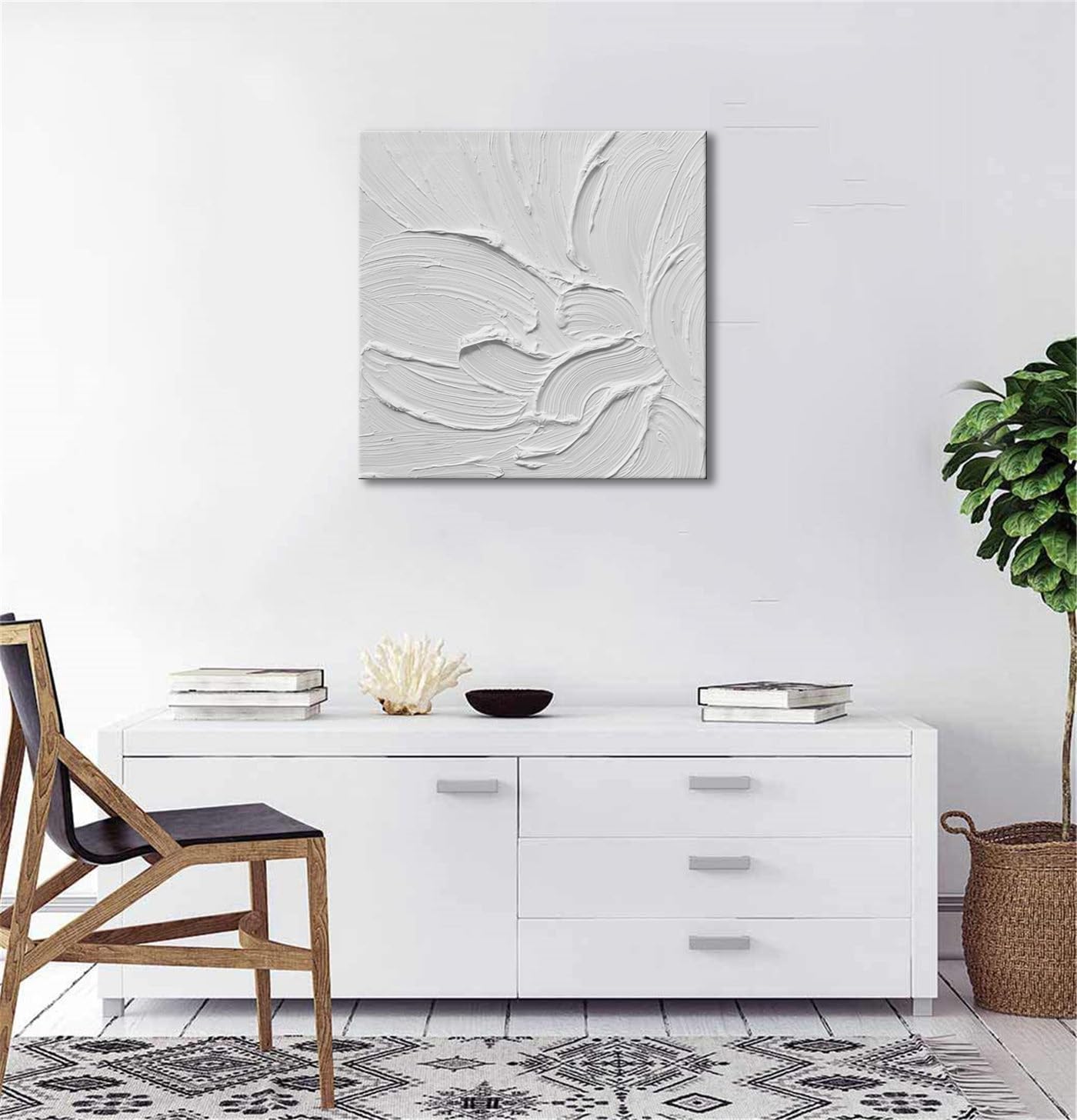 zoinart Hand Painted White Canvas Wall Art, 20x20 Inches Abstract Thick Textured Painting, Plaster Wall Art