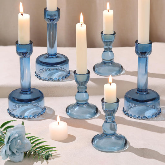 Lanttu Glass Candlestick Holders Set of 6 Blue Taper Candle Holder Bulk Crystal Candle Holders for Wedding, Table Centerpiece, Home Decoration