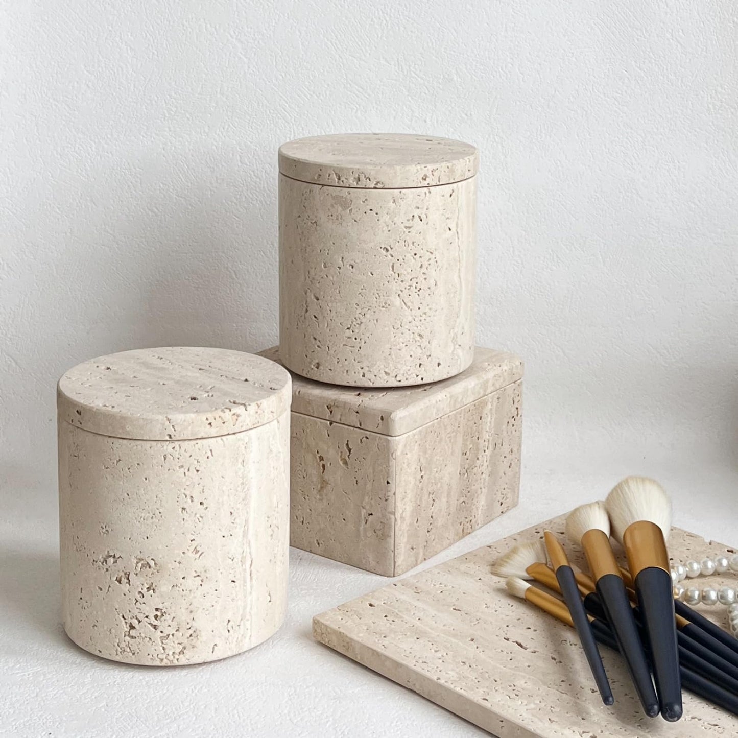 StonePlus Natural Marble Stone Travertine Jar Container Storage Box Cup with Lid (Beige Travertine)