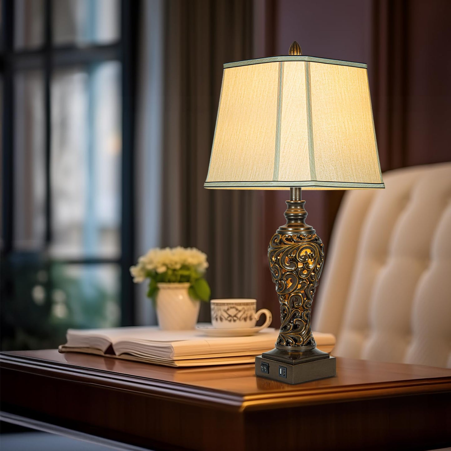 28.5" high Vintage Brown Table Lamps Set of 2 - Bedside Lamp with Faux Silk Shades - for Bedroom and Living Room with USB and Nightlight - Perfect for Nightstands and Bedrooms (Bulb Included)