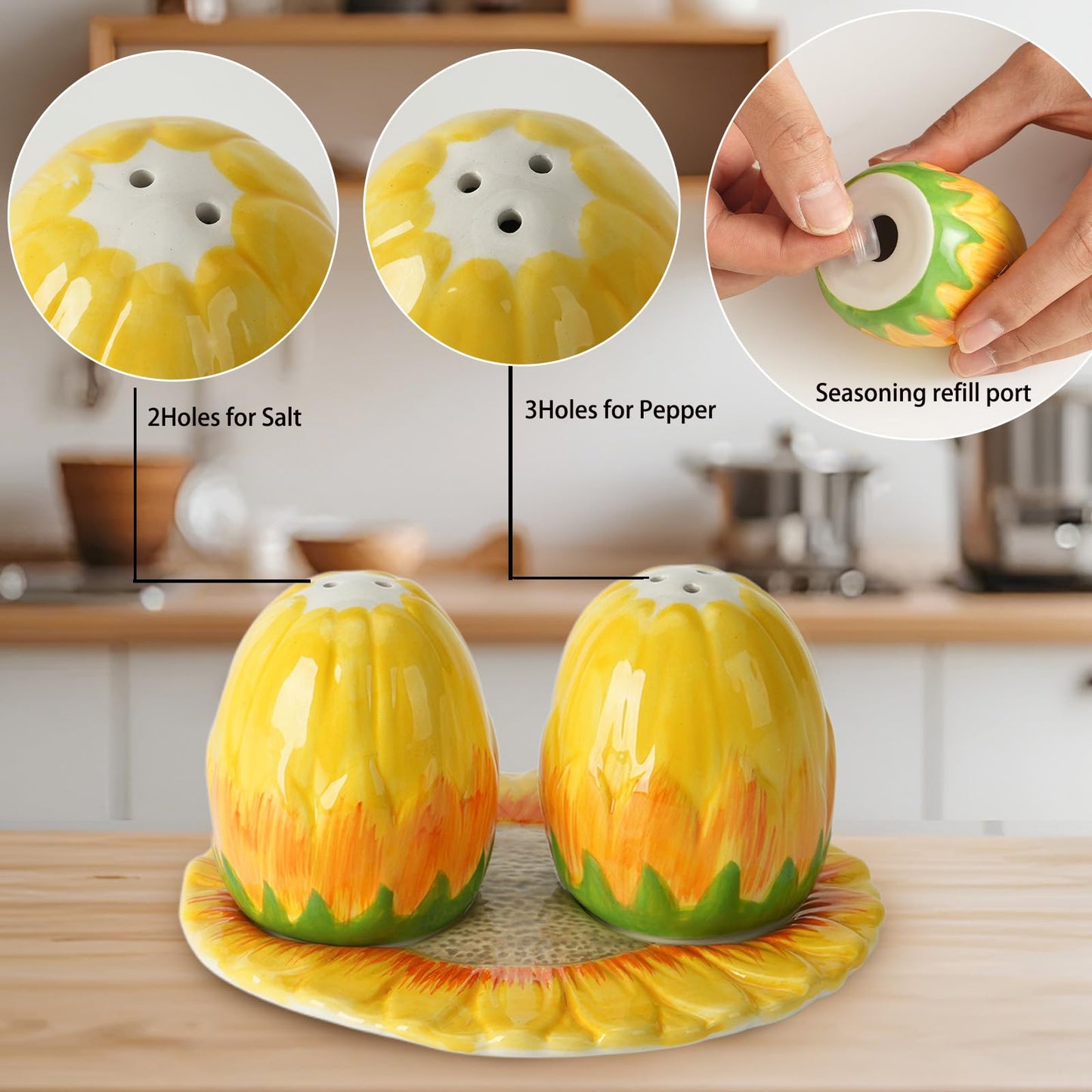 Hand-Painted Sunflower Ceramic Salt and Pepper Shaker Set - Farmhouse Kitchen Decor,Includes Storage Tray, Perfect Housewarming & Hostess,Birthday Gift