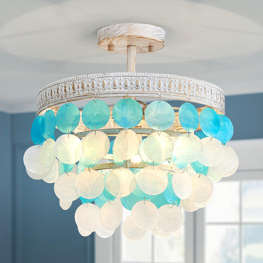 ElegLumi Capiz Shell Ceiling Light, 3-Light Gold Capiz Shell Close to Ceiling Light Fixture for Dining Room, Bedroom, Hallway, D13 × H13inch, Vintage White Finish Frame & Blue Capiz Shell