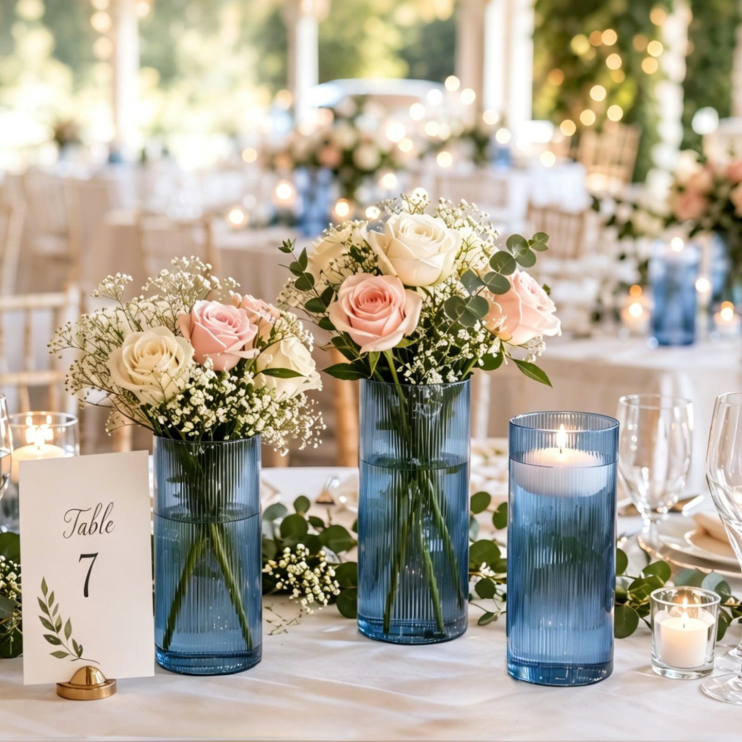 Glass Cylinder Vases, Blue Vases for Centerpieces Set of 3, 8 Inch Tall Ribbed Vase Hurricane Floating Candle Holder, Small Vases for Flowers Wedding Decoration, Home Decor, Housewarming Gift (Blue)