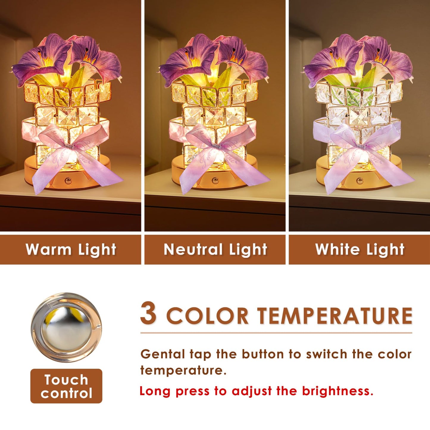 Purple Morning Glory Flower Table Lamp, Artificial Flowers Birthday Gifts for Women Mom Grandma Sister, Rechargeable Battery Powered Cordless Touch Crystal Night Light, Kitchen Bedroom Office Decor