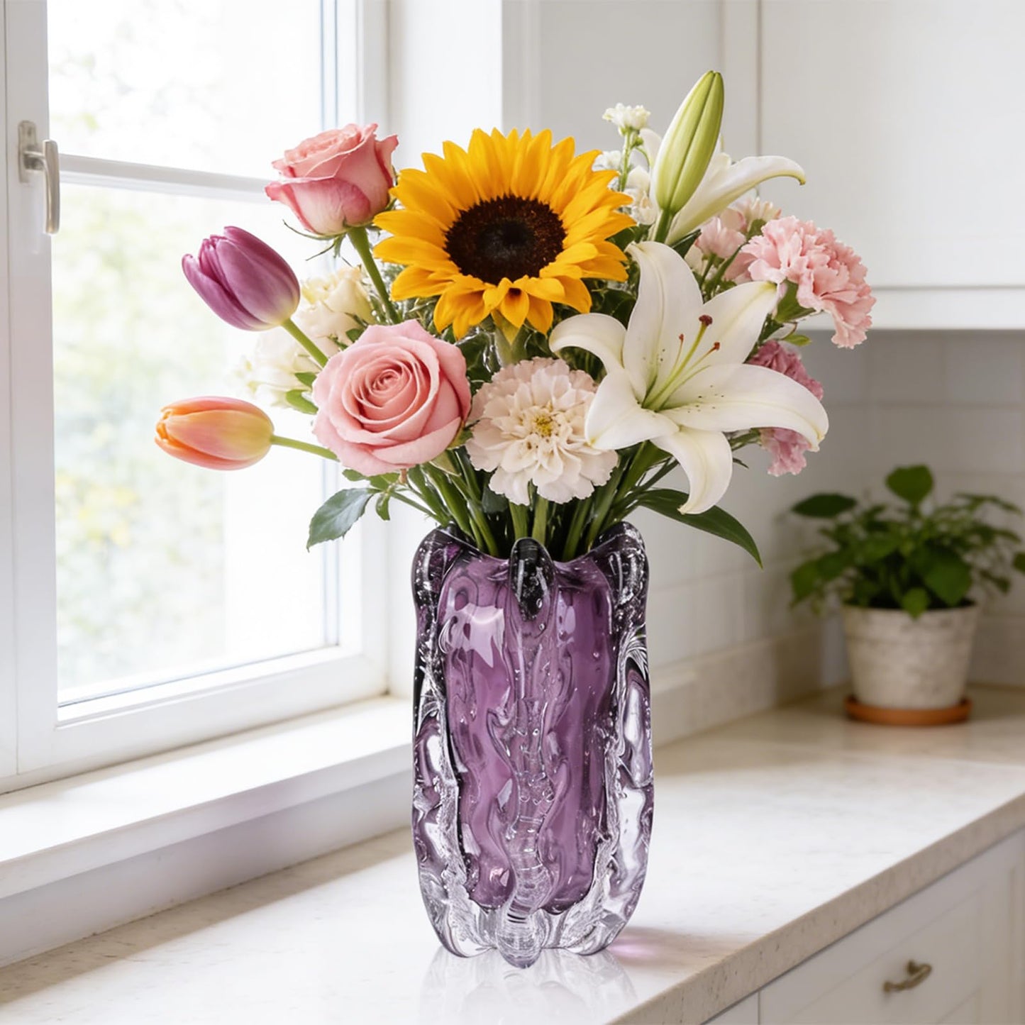 Hand-Blown Art Glass Vase, Modern Ripple Texture Decorative Vase (Purple), Unique Wide-Mouth Glass vase, Table Centerpiece for Home Office Wedding Living Room (Purple, L)