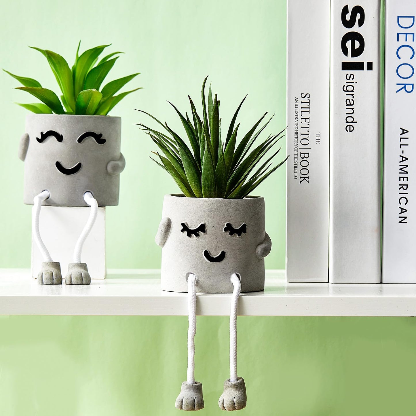 Artificial Potted Plant Faux Succulent Plant Cubicle Decor Cute Fake Desktop Plant Hanging Leg Cement Potted Decor for Bookshelf Bedroom Living Room Office Decor (Simple Style,2 Pcs)