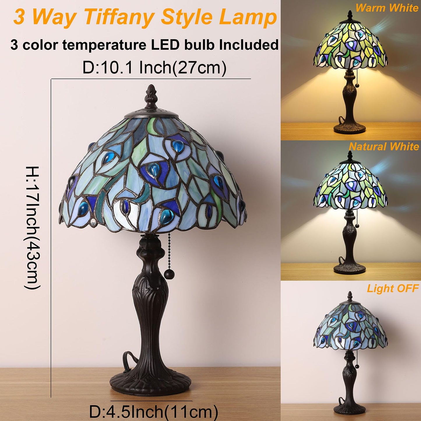 FUMAT Tiffany Table Lamp Blue Phoenix Tail Stained Glass Table Lamps Hand-Made 3 Color Temperature Bedside Nightstand Lamp for Bedroom,Living Room Home Office+LED Bulb,10.1X10.1X17Inch