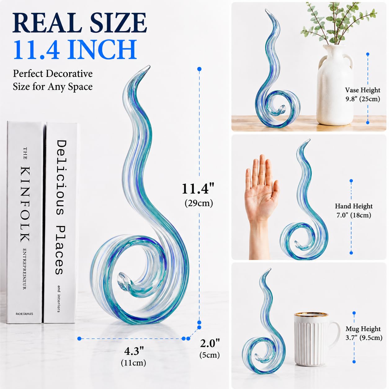 ORRFIDDY 11.4" Tall Hand Blown Glass Sculpture, Murano Style Art Glass Figurine, Modern Coastal Home Decor Accent for Shelf, Table, TV Stand, Living Room Decoration
