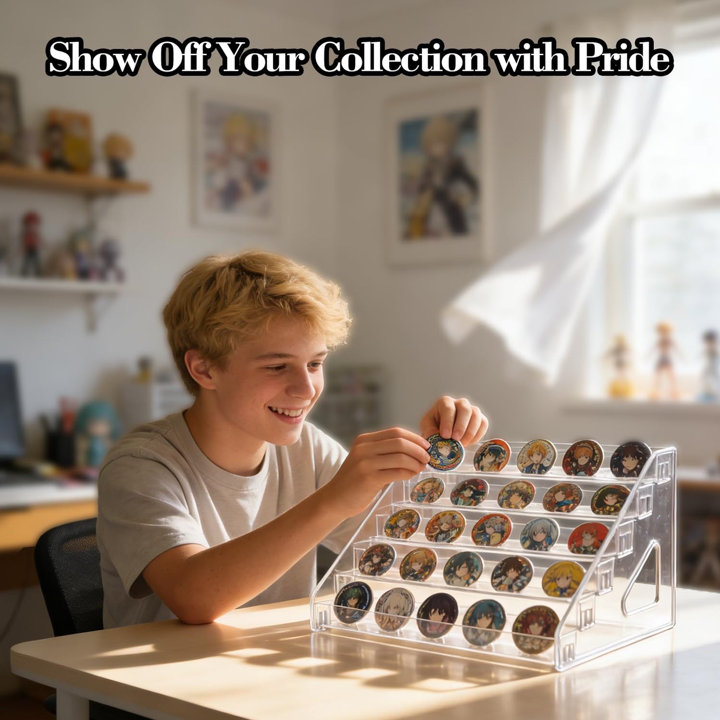 deapera 4 Pack 7 Tier Clear Acrylic Display Stand with Fences, Versatile Organizer for Button Pins, Graded Cards, Mini Figures, Makeup, Nail Polish & Coffee Capsules (4 Pack)