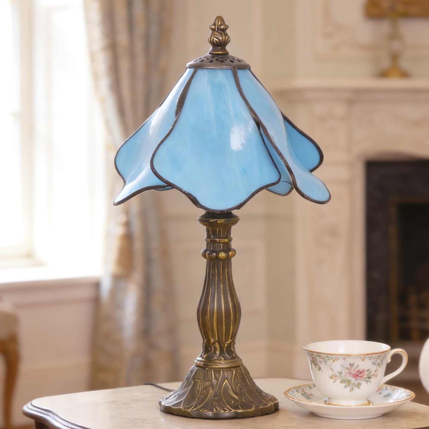 WFAYNTIFL Small Tiffany Table Lamp Blue Morning Glory Style W8H14.5 Inch