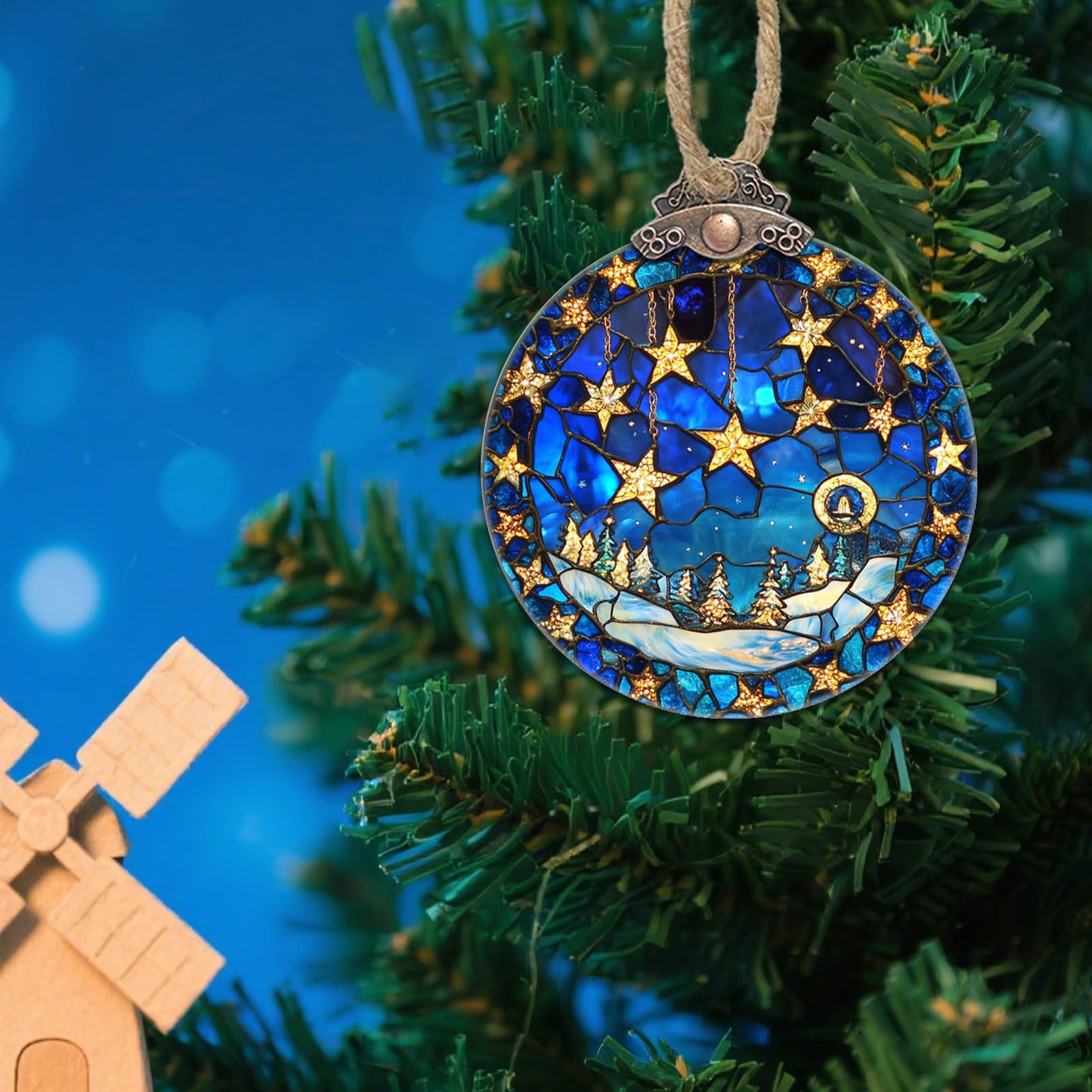 AMDERVEN Stained Glass Christmas Decorations, Blue Starry Winter Snow Scene Suncatcher for Window Christmas Tree Hanging Ornaments Star Sun Catcher Xmas Decor Gifts for Women Men Mom Nana Friend