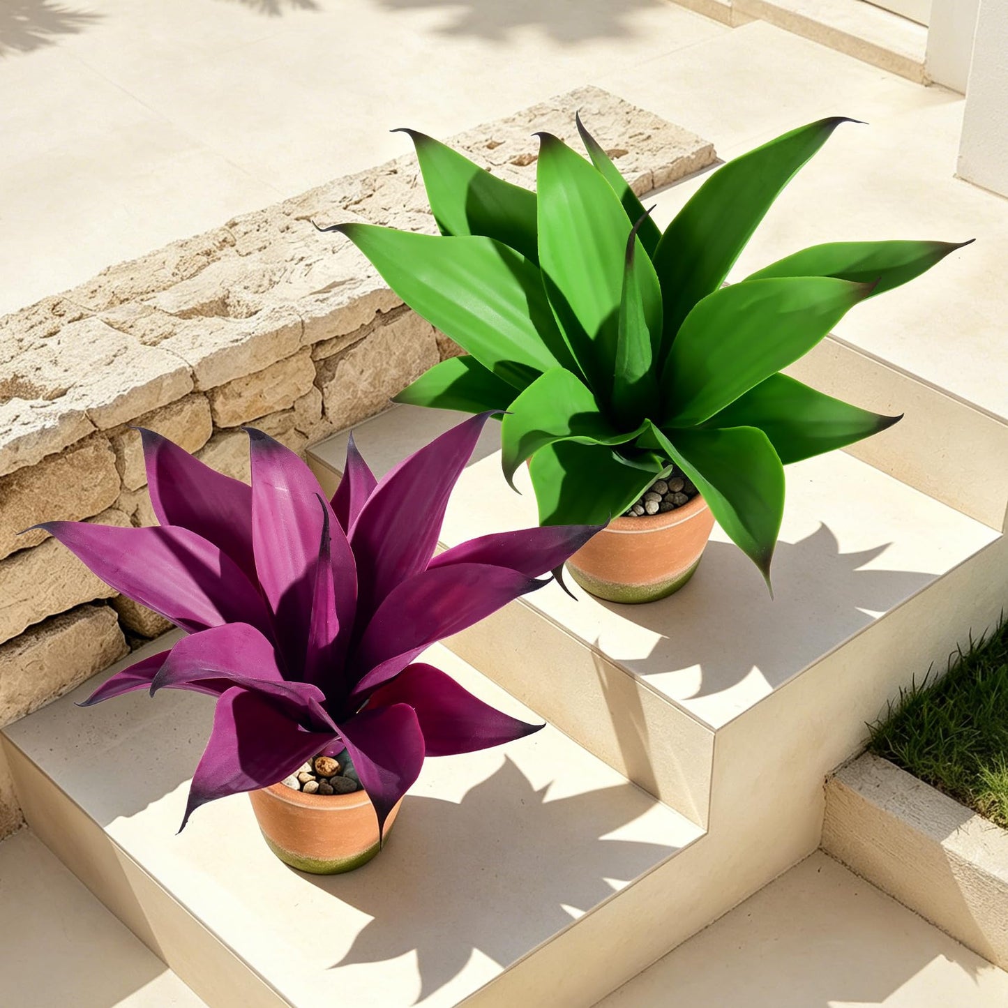 Afcvkc 2 Set Real Touch Artificial Agave Plants, Lifelike Faux Succulent in Pot Desk Table Snake Plant Indoor Decor for Living Room Bathroom Shelf Office (Green+Purple)