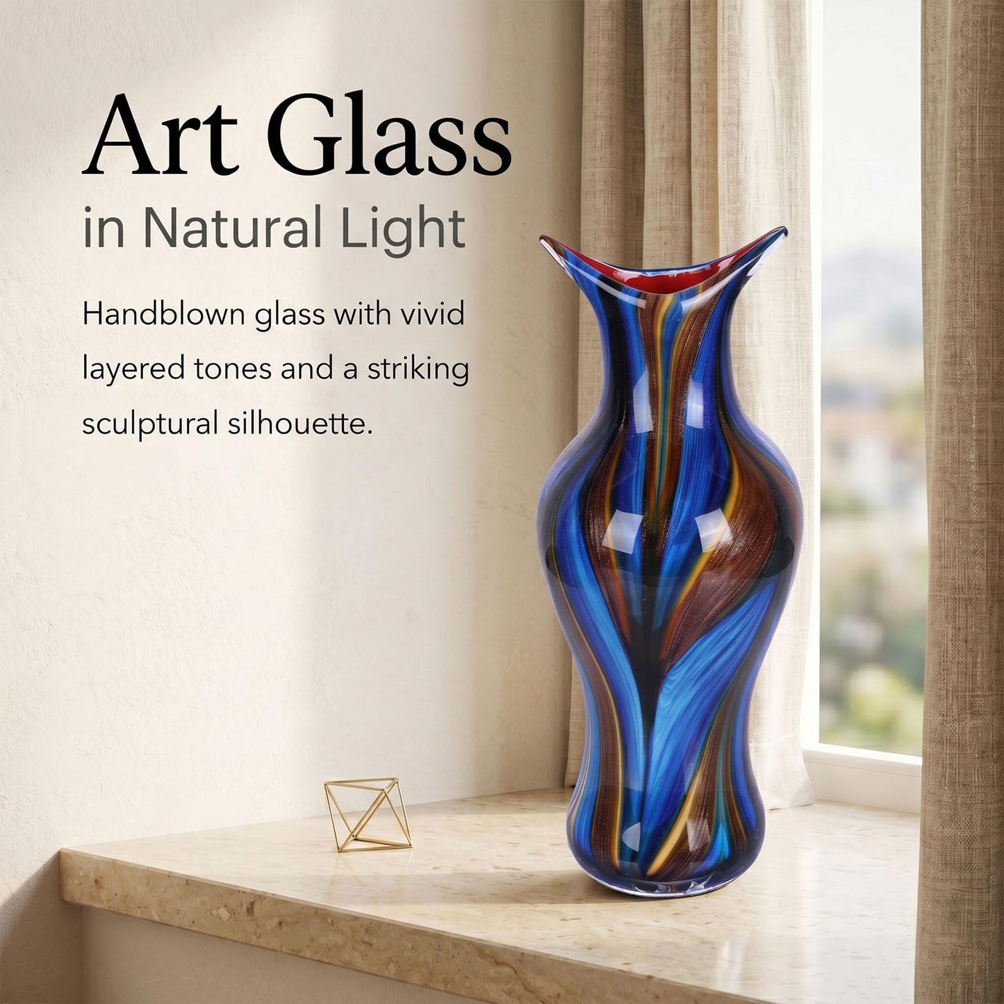 Hand Blown Glass Vase for Flowers, Modern Glass Vases Home Decor, Sculptural Decorative Centerpiece for Table, Living Room, Shelf or Entryway Display Use