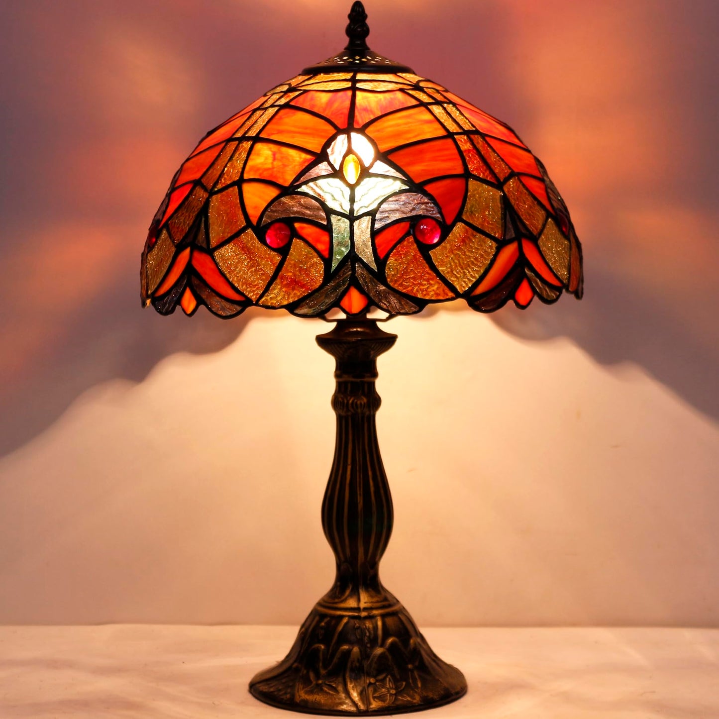 WERFACTORY Tiffany Lamp Red Liaison Stained Glass Table Bedside Lamp