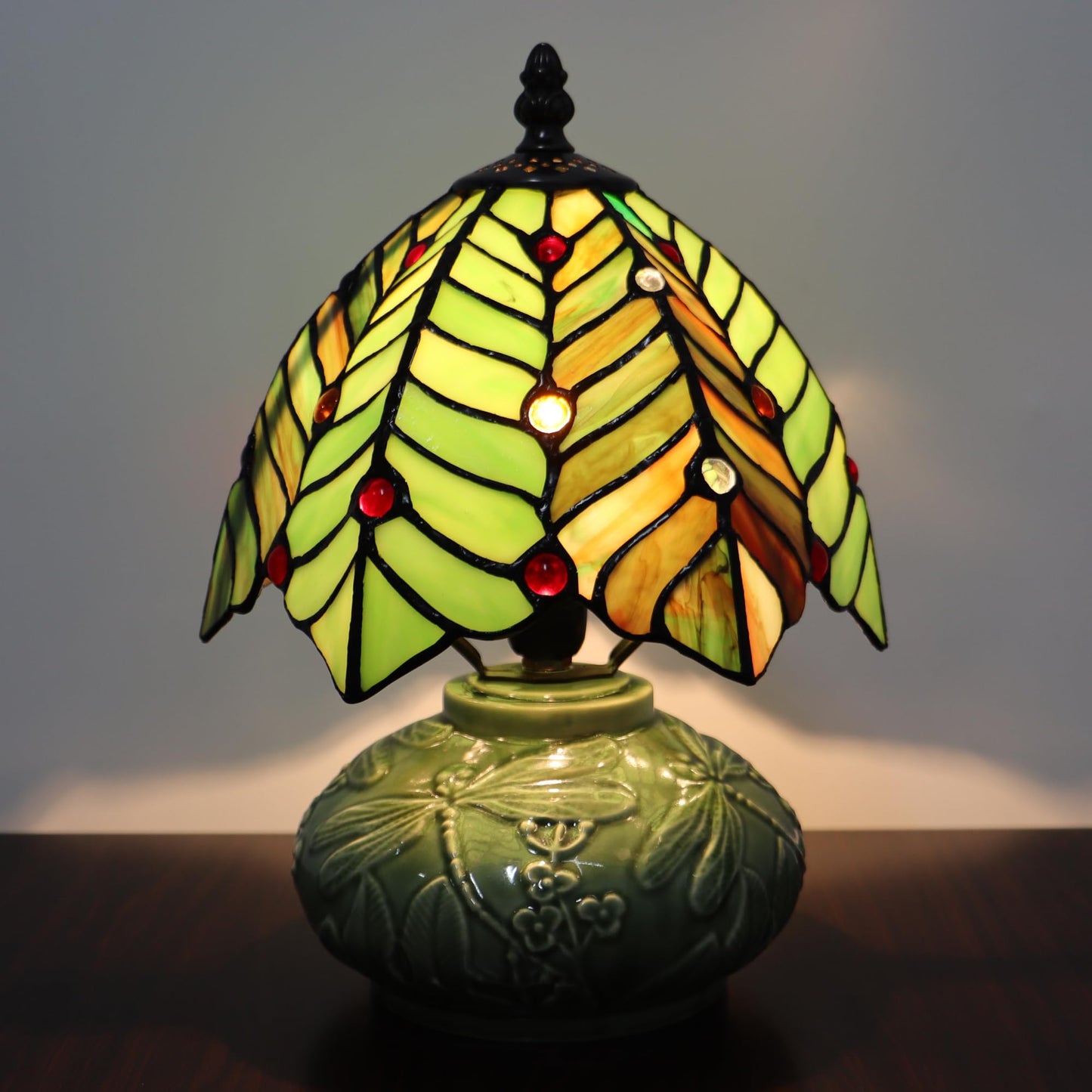 LXHCYOU Small Tiffany Lamp Mushroom Table Lamp, Mini Stained Glass Desk Light Memory Sympathy Ceramic lamp 8X11 Inch (Brown Green Leaf)