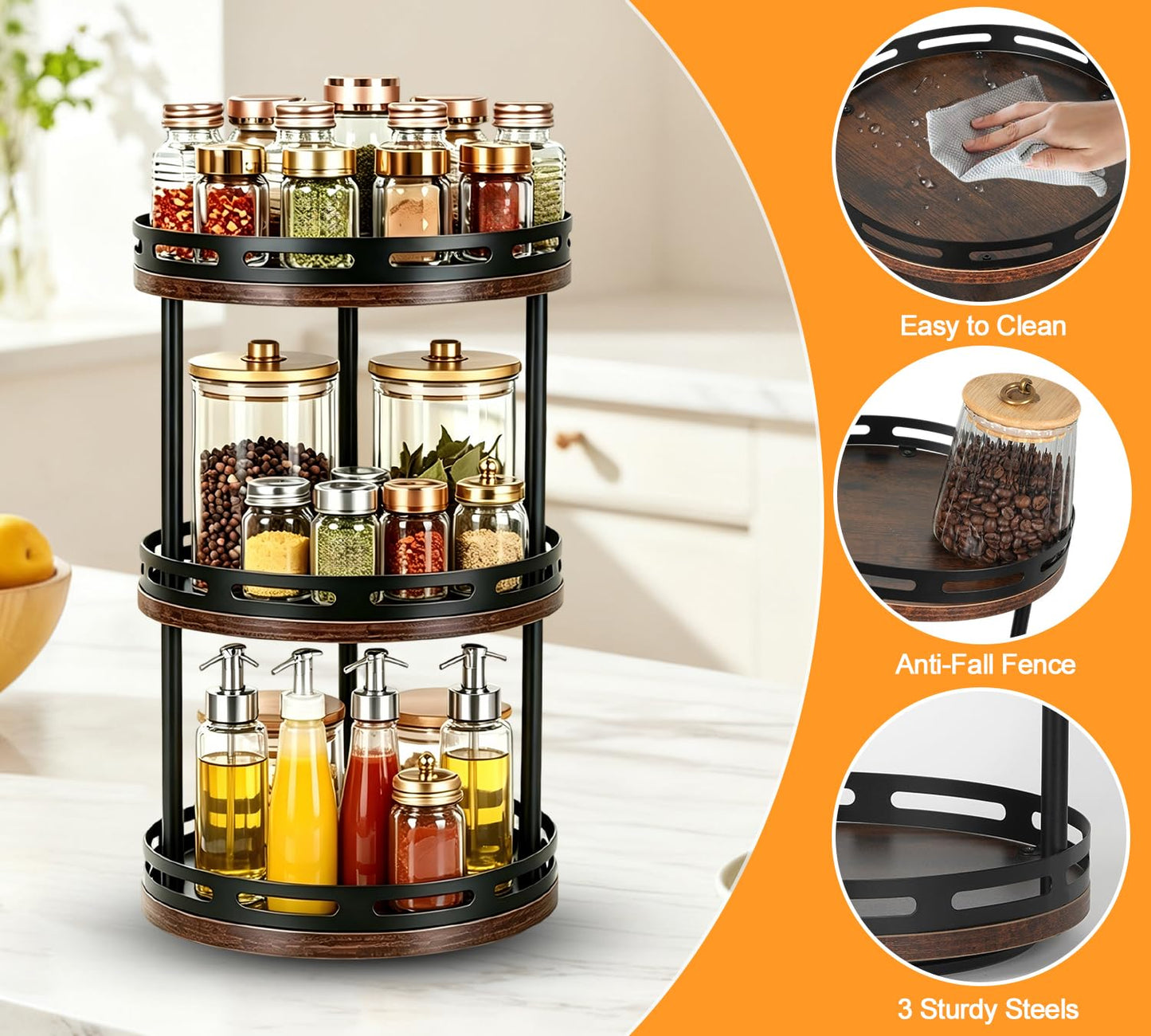 3 Tier Lazy Susan Organizer - 360° Rotating Spice Rack, Industrial Spinning Spice Rack, Versatile Wooden Lazy Susan Turntable for Kitchen Cabinet, Countertop, Pantry, Bathroom, Vanity