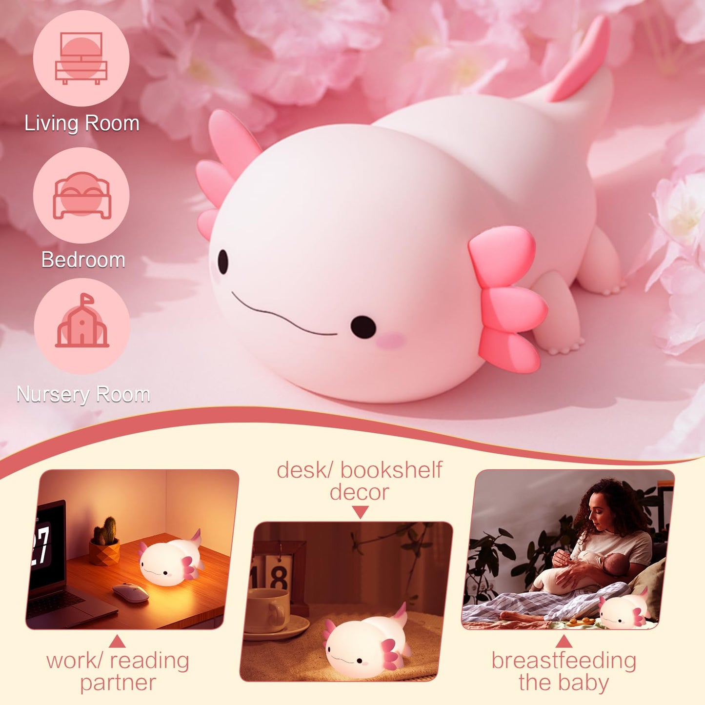 YR YRHH-PET Axolotl Lamp Kid Cute Night Light, Rechargeable Squishy Axolotl Gifts for Girls, Baby Touch Nightlight, Dimmable Silicone LED Animal Toys, Bedside Pink Lamp, College Nursery Kawaii Décor