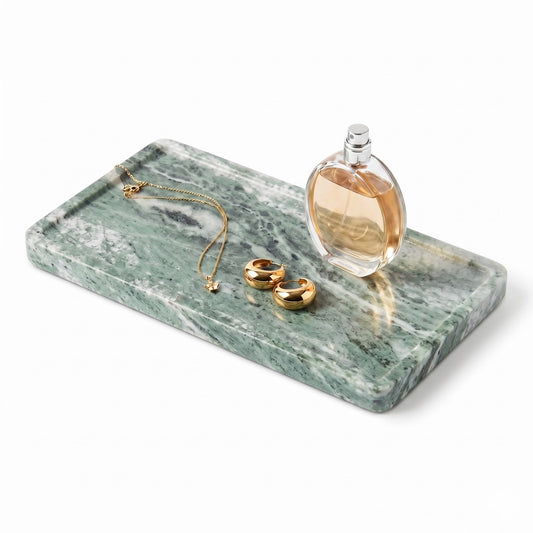 Green Marble Tray – 12" x 6.5" Decorative Vanity Tray for Bathroom, Countertop, Jewelry, Candles, Kitchen | Natural Stone Organizer for Makeup, Perfume, Skincare & Home Décor