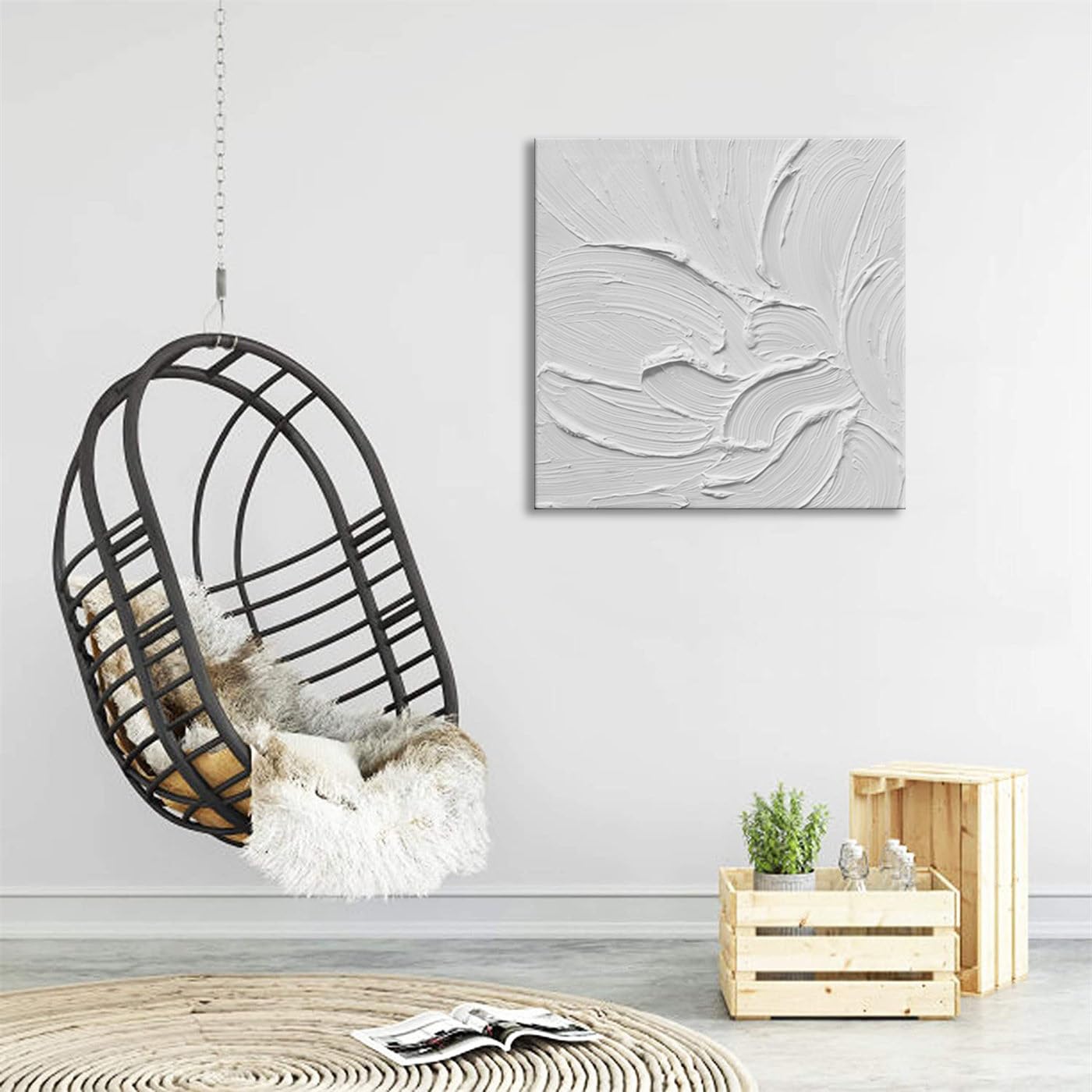 zoinart Hand Painted White Canvas Wall Art, 20x20 Inches Abstract Thick Textured Painting, Plaster Wall Art