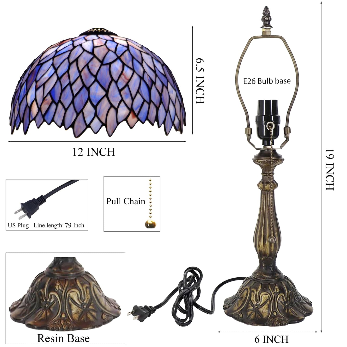 HZYFFYU Tiffany Style Lamp Stained Glass Table Lamp Memory Sympathy Desk Reading Light 12X19 Inch (Wisteria Style)