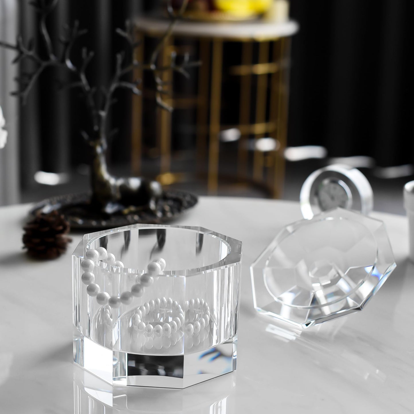 DONOUCLS Crystal Candy Dish with Lid Hand-Cut Home Decorative Jewelry Box/Jar W 5" x H 5" with Multi-faceted, Comes With Gift Box