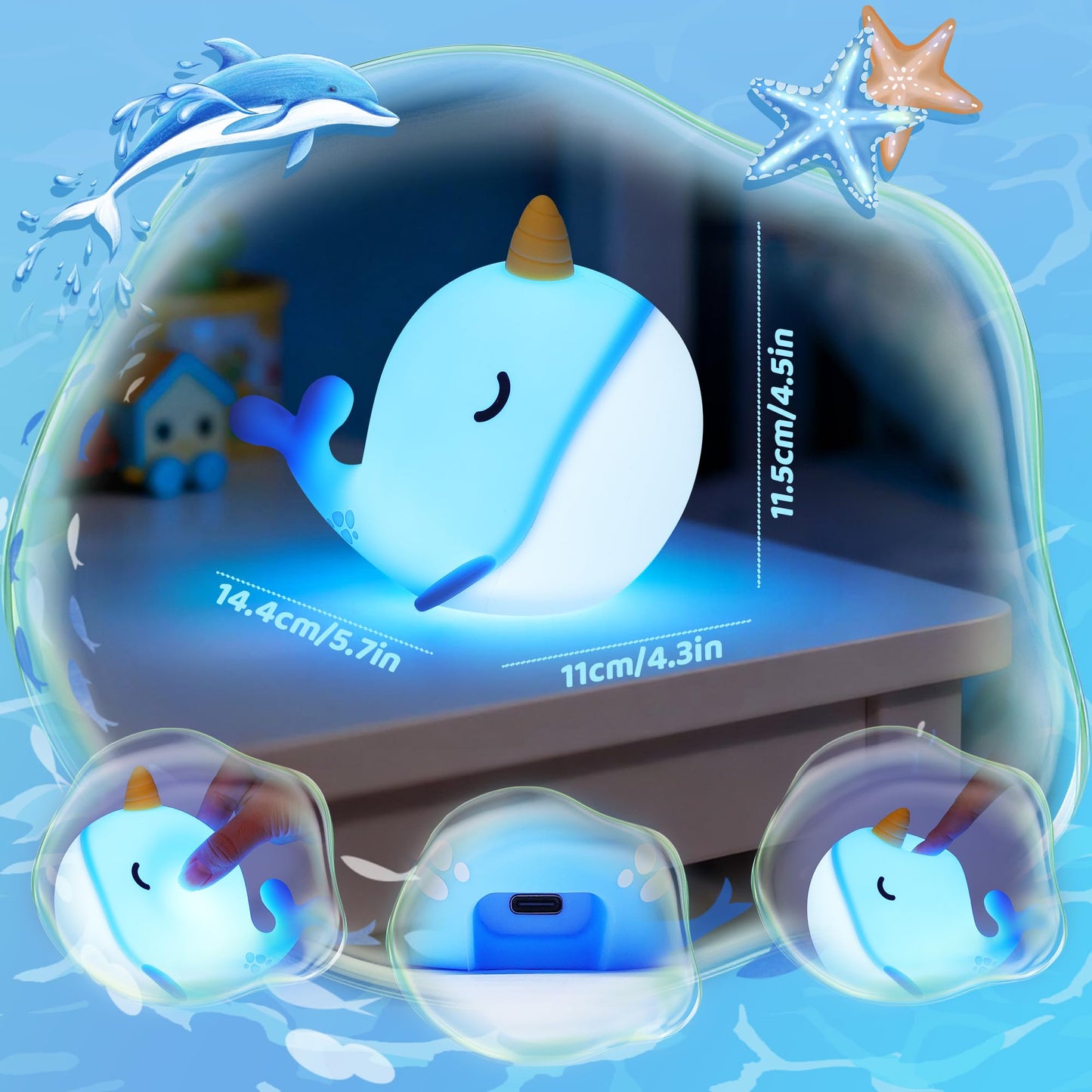 OkiyiD Blue Narwhal Lamp, Cute Silicone Night Light, Dimmable Animal Nursery Night Lights Bedside Touch Lamp, Whale Gifts for Bedroom Whale Decor