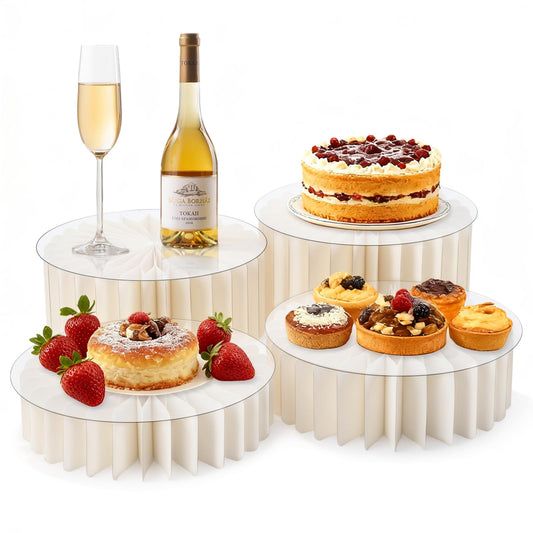 AHUAWA 4Pcs Buffet Risers, Foldable Food Risers for Buffet Table, 12" Reusable Cardboard Display Risers Cylinder Stands with Acrylic Plates for Party, Wedding, Catering & Birthday Decor