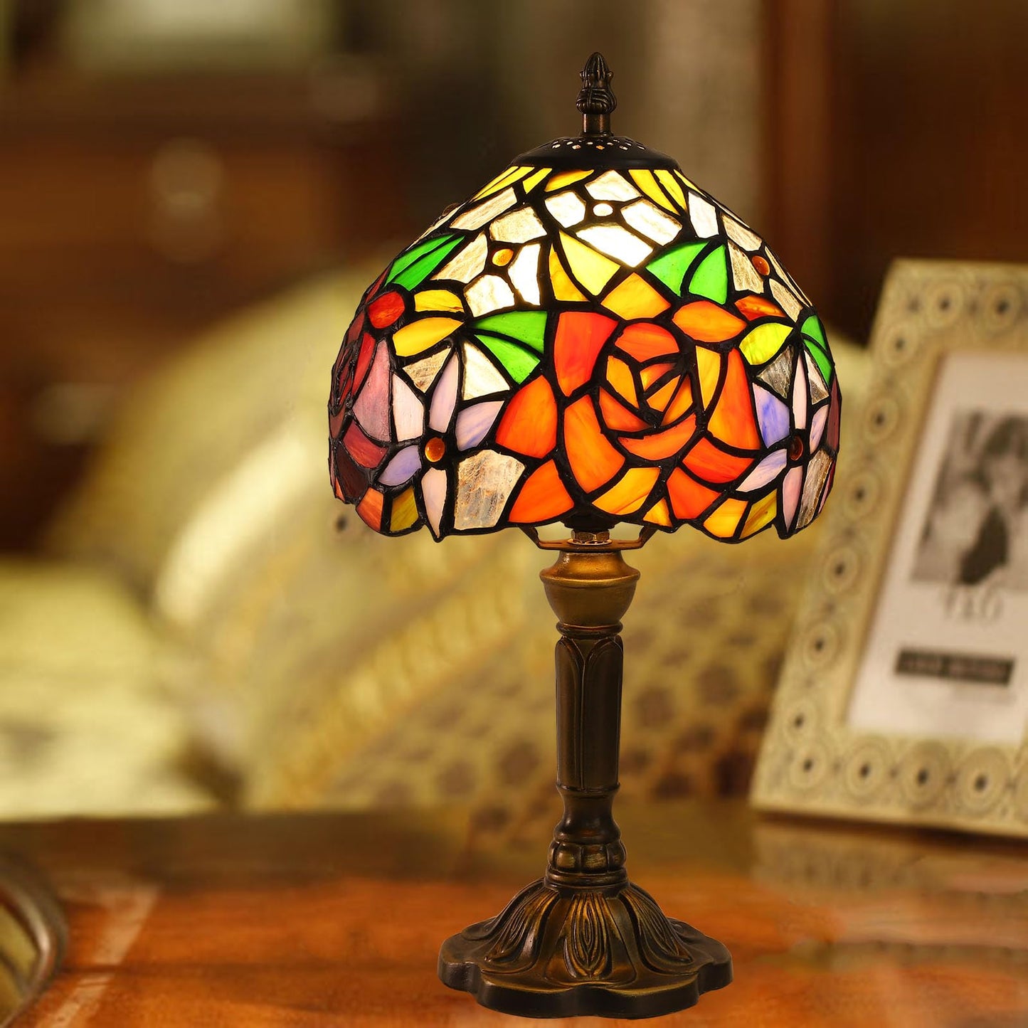 FUMAT Rose Tiffany Small Table Lamp 3 Way Color Temperatures Stained Glass Bedside Nightstand Table Lamps for Living Room,Bedroom, Home Office Reading Desk Lamp+LED Bulb,8X8X15 Inch