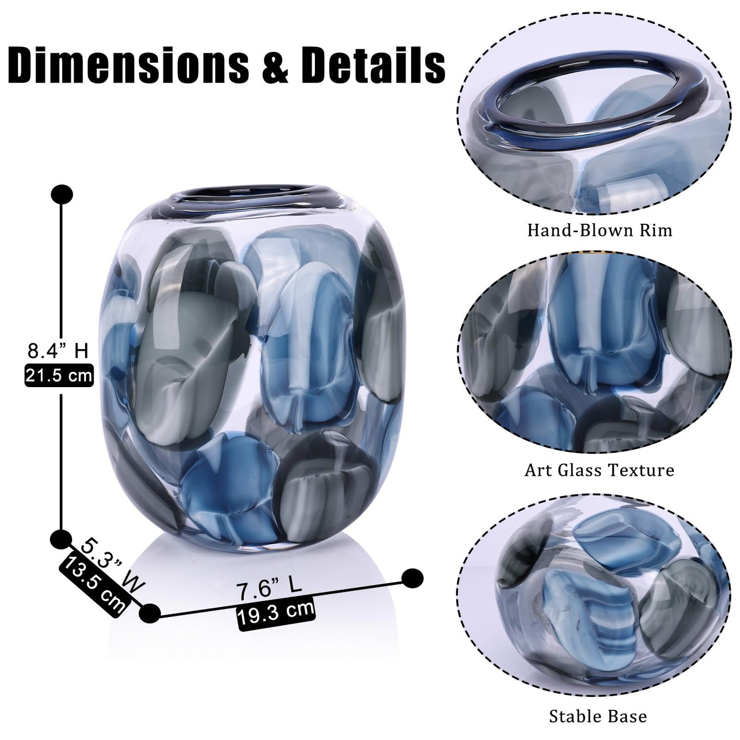oliruim 8.4" H - Hand Blown Blue Glass Vase, Wide Mouth Round Vase for Flowers, Beautiful Modern Coastal Decor for Home Living Room Bedroom Tabletop Centerpiece (Small)