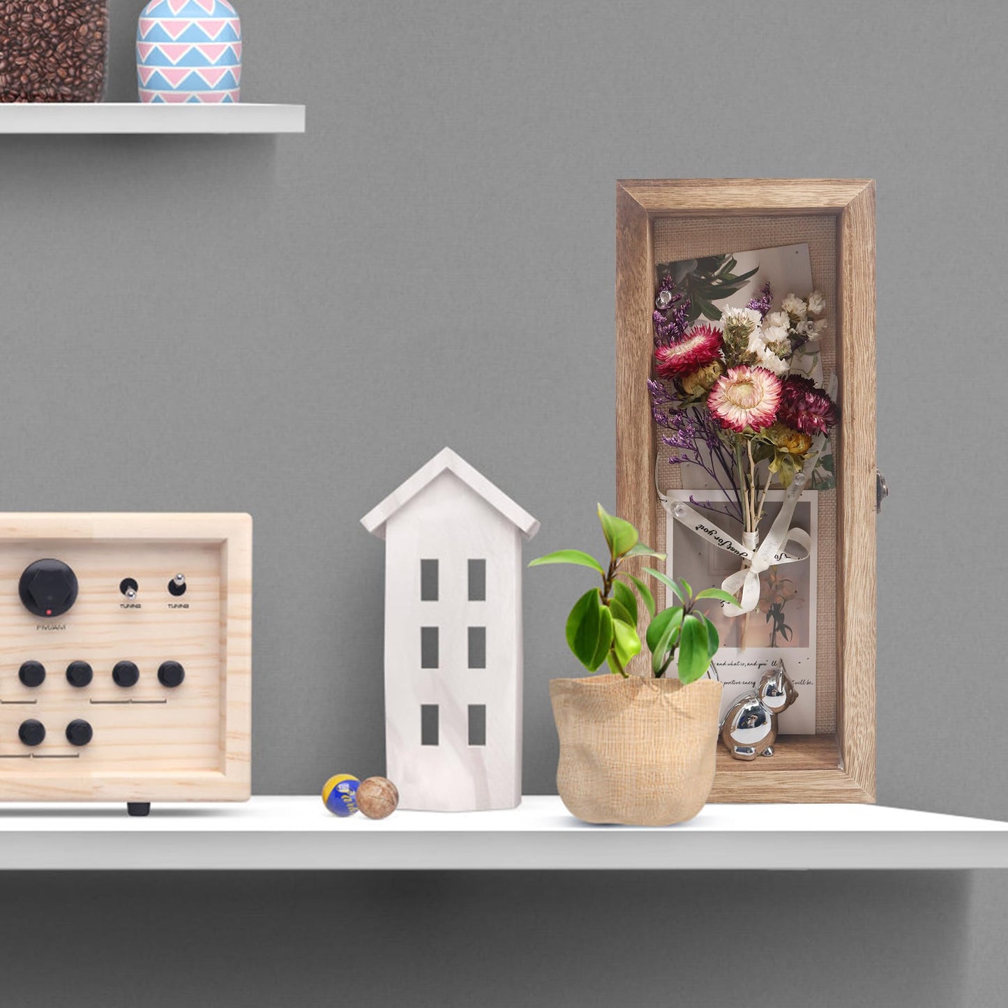 Hodeframe 5x12.5 Shadow Box Frame in Wood Color with Linen Back - Shadow Box Frame with Paulownia Wood and Real Glass Cover for Wall or Tabletop Display