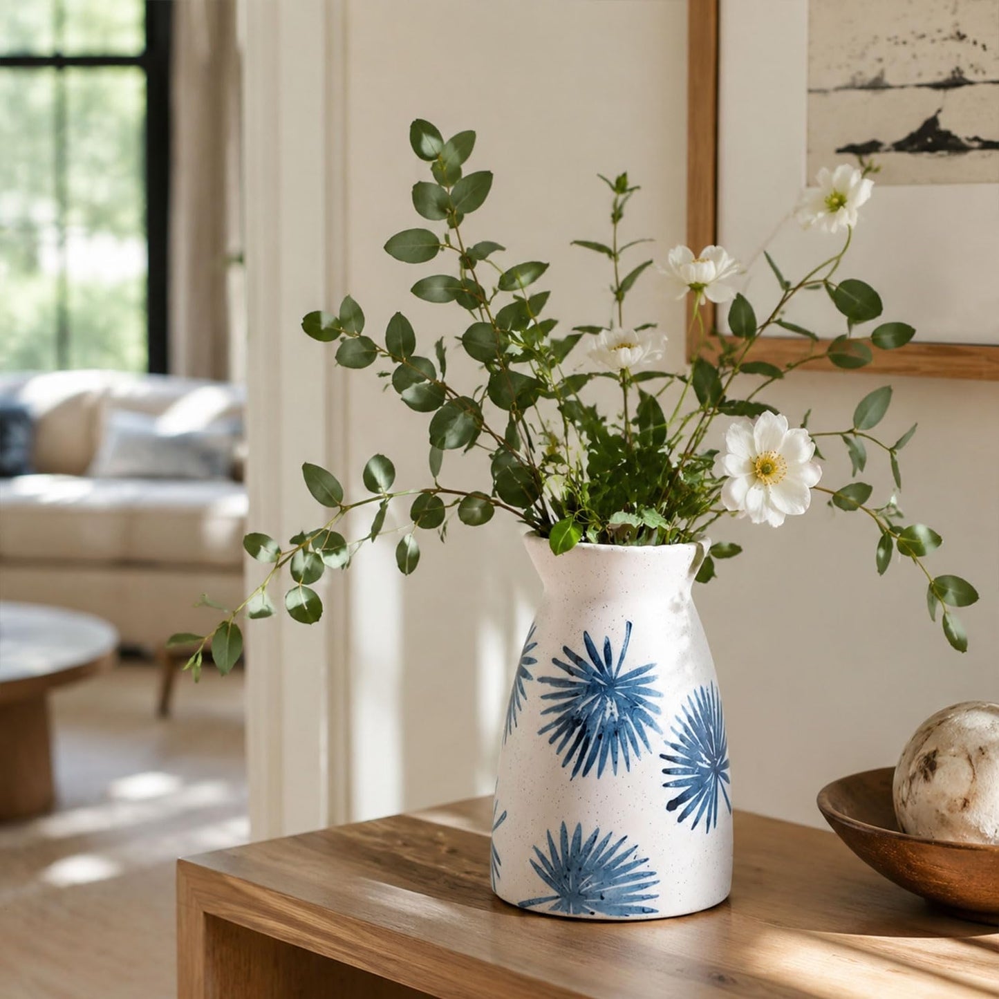 hjn Teal Ceramic Vase Modern Minimalist Table Centerpiece, Round Smooth Flower Holder for Living Room, Shelf, Mantel, Wedding & Home Decor -Cream-7" H
