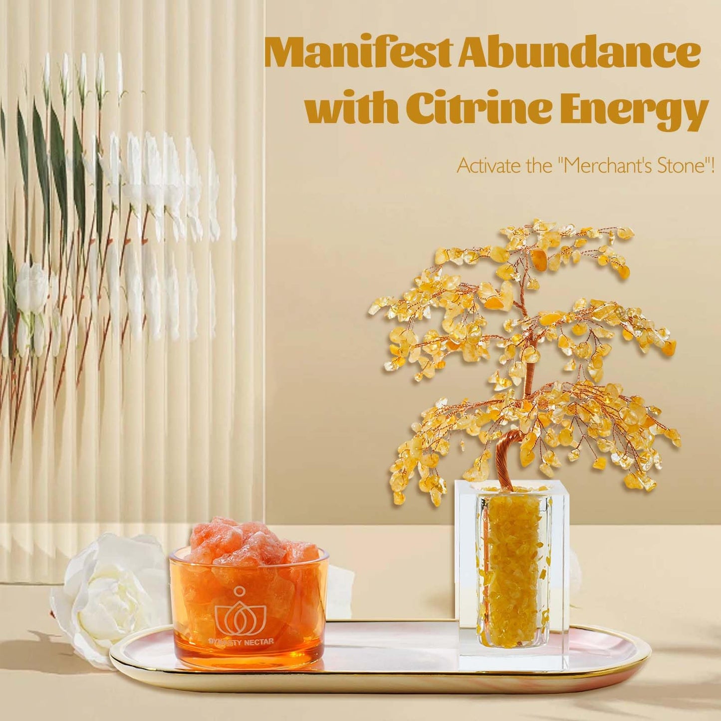 Runyangshi Citrine Crystal Tree of Life & Natural Crystal Ore Diffuser Set for Office Desk Living Room Home Decor Gemstone Tree for Money Positive Energy Feng Shui Good Luck Gift for Women and Mom