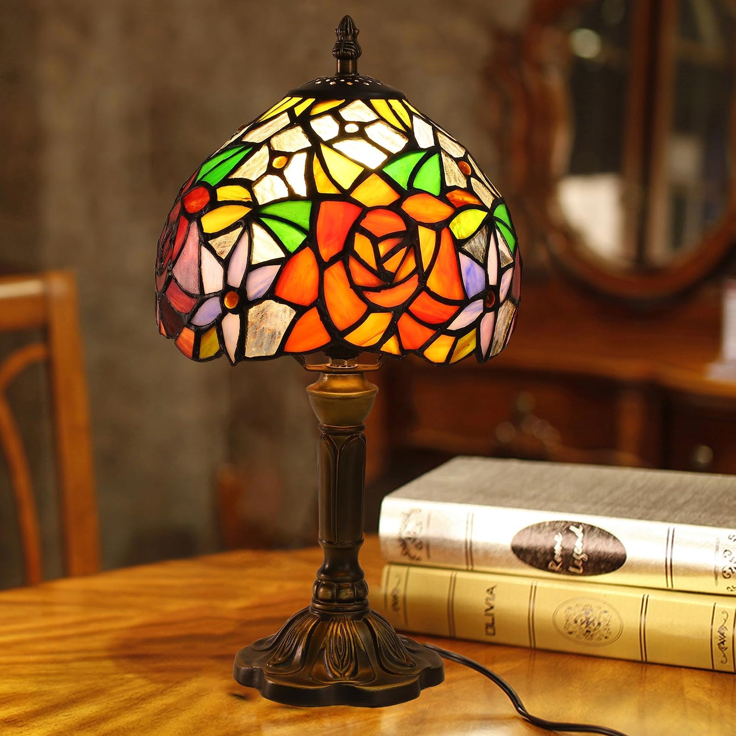 FUMAT Rose Tiffany Small Table Lamp 3 Way Color Temperatures Stained Glass Bedside Nightstand Table Lamps for Living Room,Bedroom, Home Office Reading Desk Lamp+LED Bulb,8X8X15 Inch