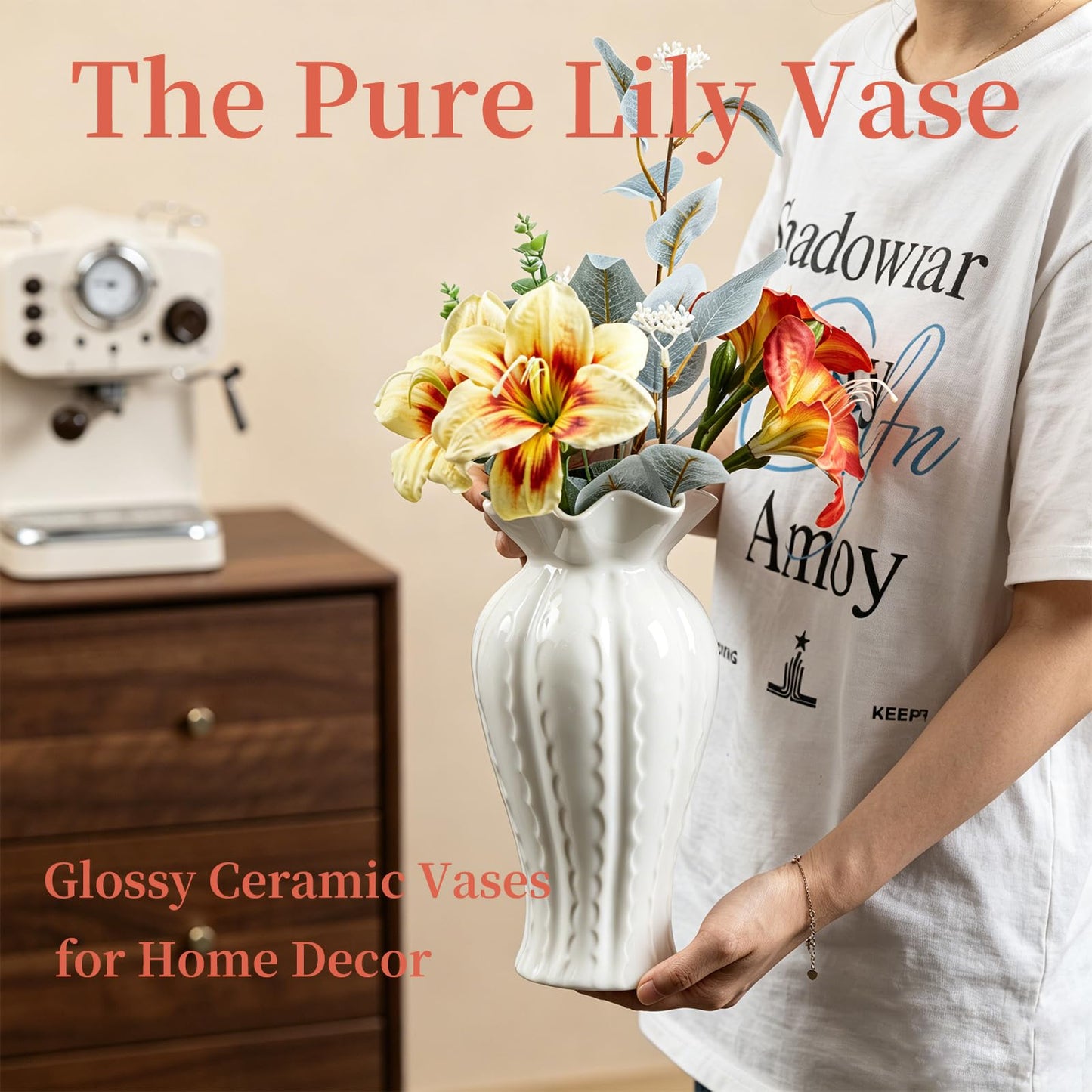 Elegant Lily Ceramic Flower Vase - 10.2" Glossy White Modern Vase for Decor Living Room, Table Centerpieces for Dining Room, Aesthetic Home Gifts
