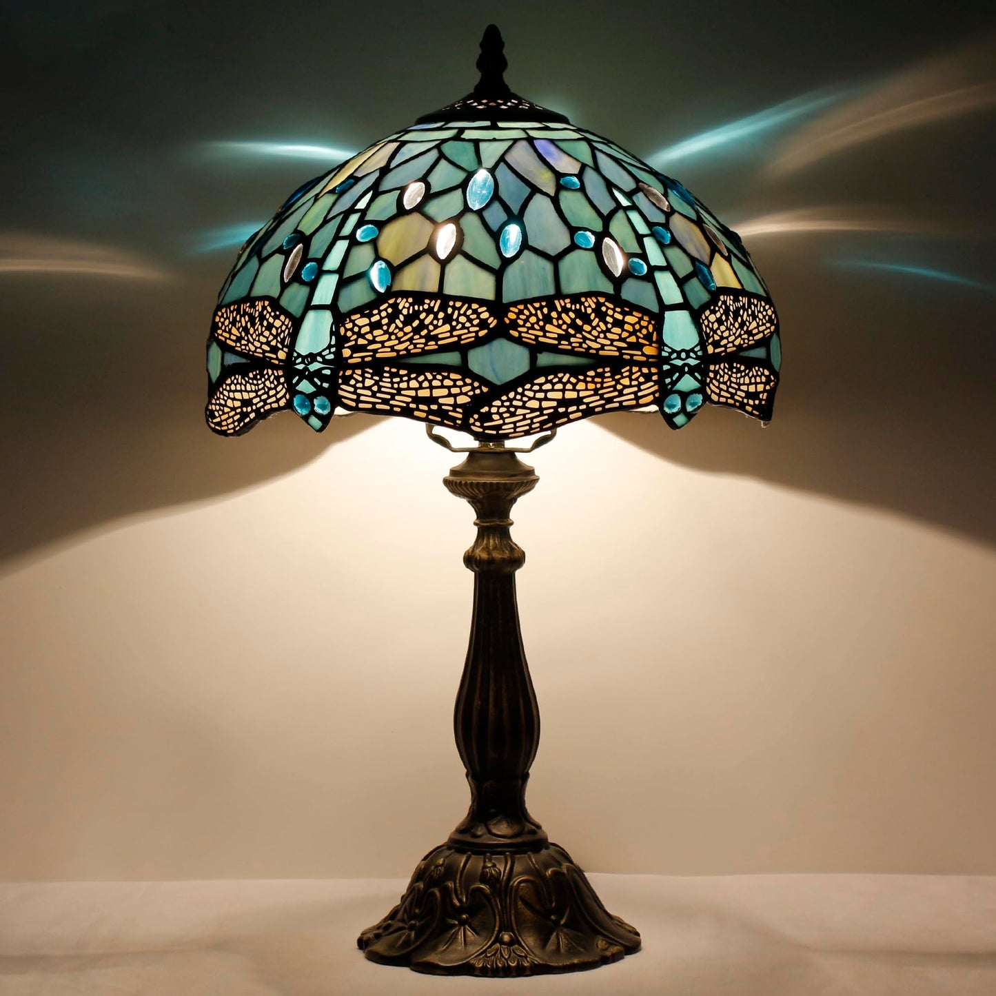 L-Juicwe Tiffany Lamp Touch Control Table Lamp Sea Blue Stained Glass Desk Lamp 12X12X19 Inches Dragonfly Style Reading Light