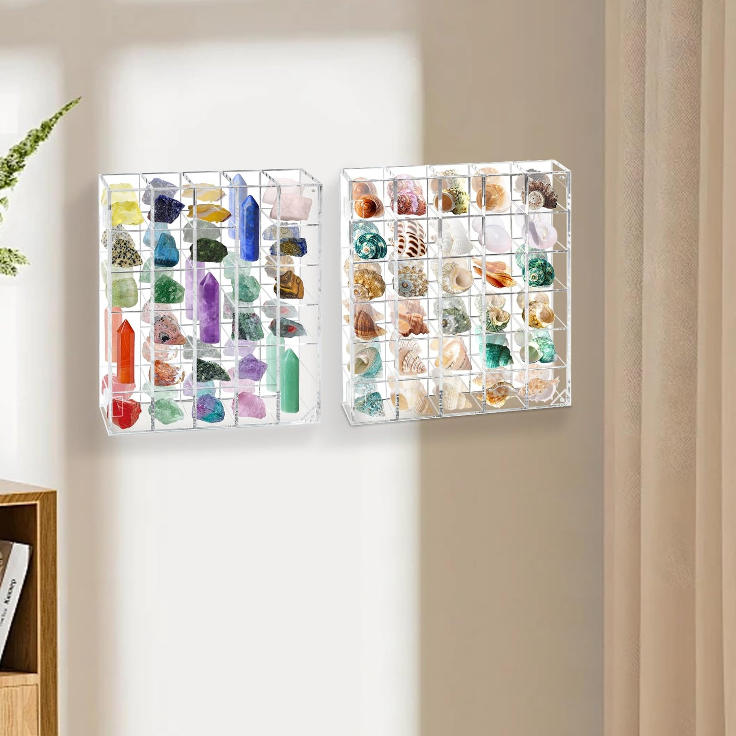 Acrylic Rock Display Case, Adjustable Rock Display Cabinet with Mirrored Back, Wall Mounted Stones Storage Box Showcase, Clear Display Case for Collectibles, Fossil, Shells, Mineral Crystal