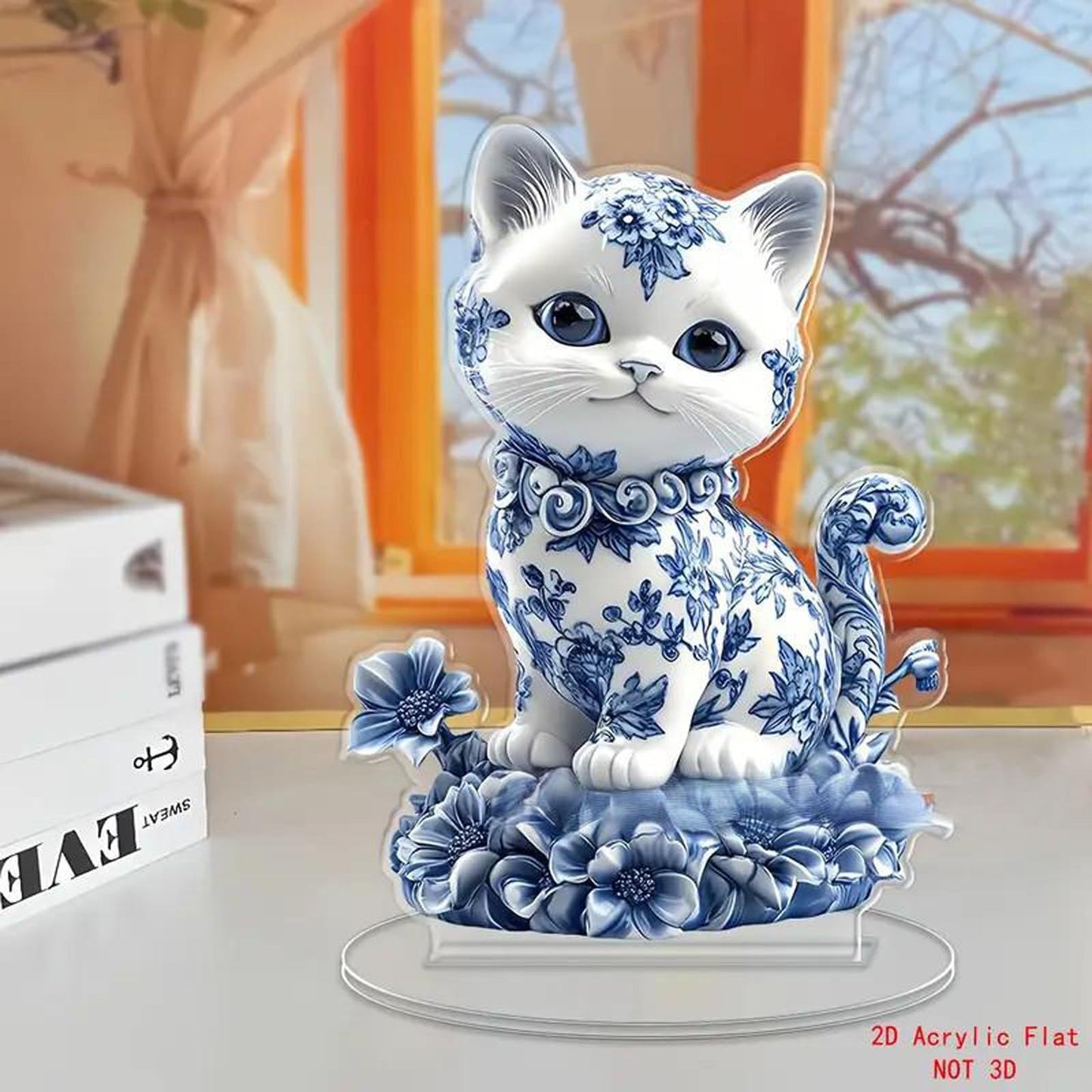 Desktop Standee, Rotatable Elf Acrylic Stand, 2D Flat Art Fairy and Peacock Tabletop Decorative Ornament, Home Study Room Bookshelf Office Creative Decor Supplies (Blue and white porcelain-cat)