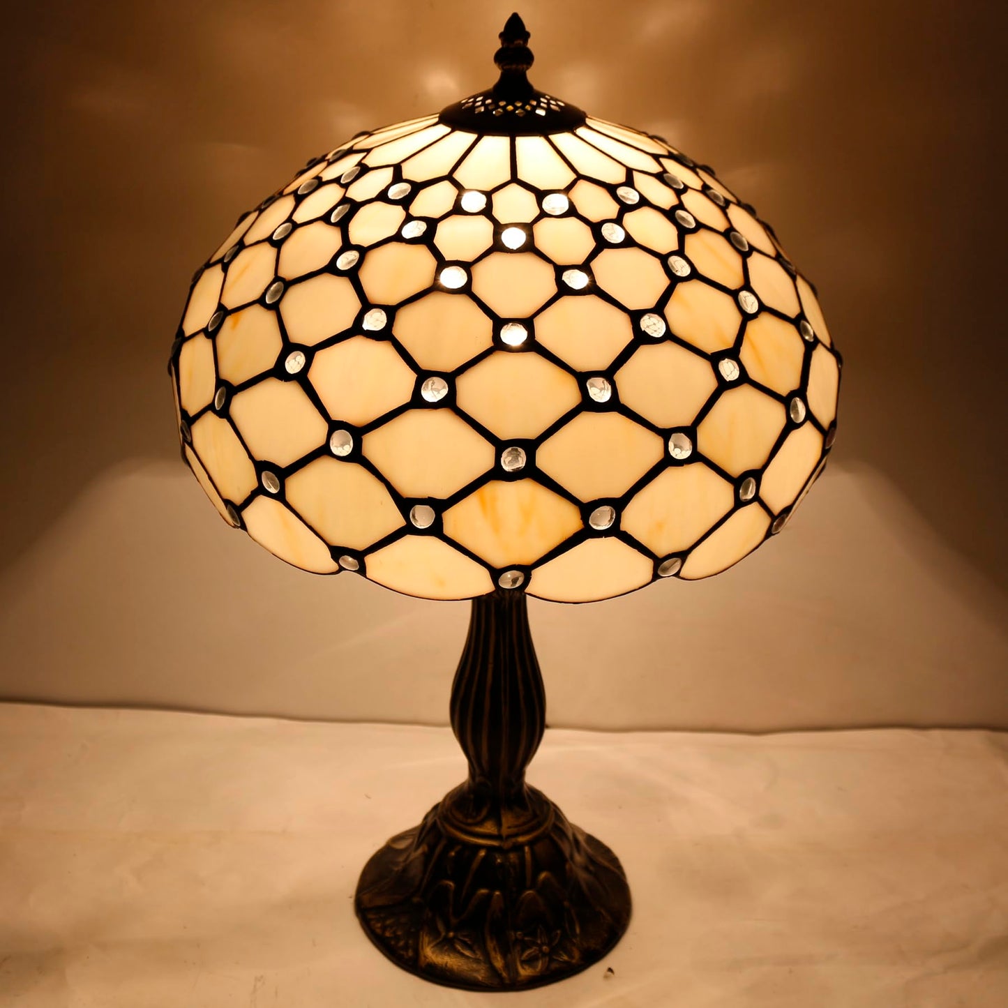 WERFACTORY Tiffany Lamp Cream Amber Stained Glass Bead Table Lamp 18 Inch