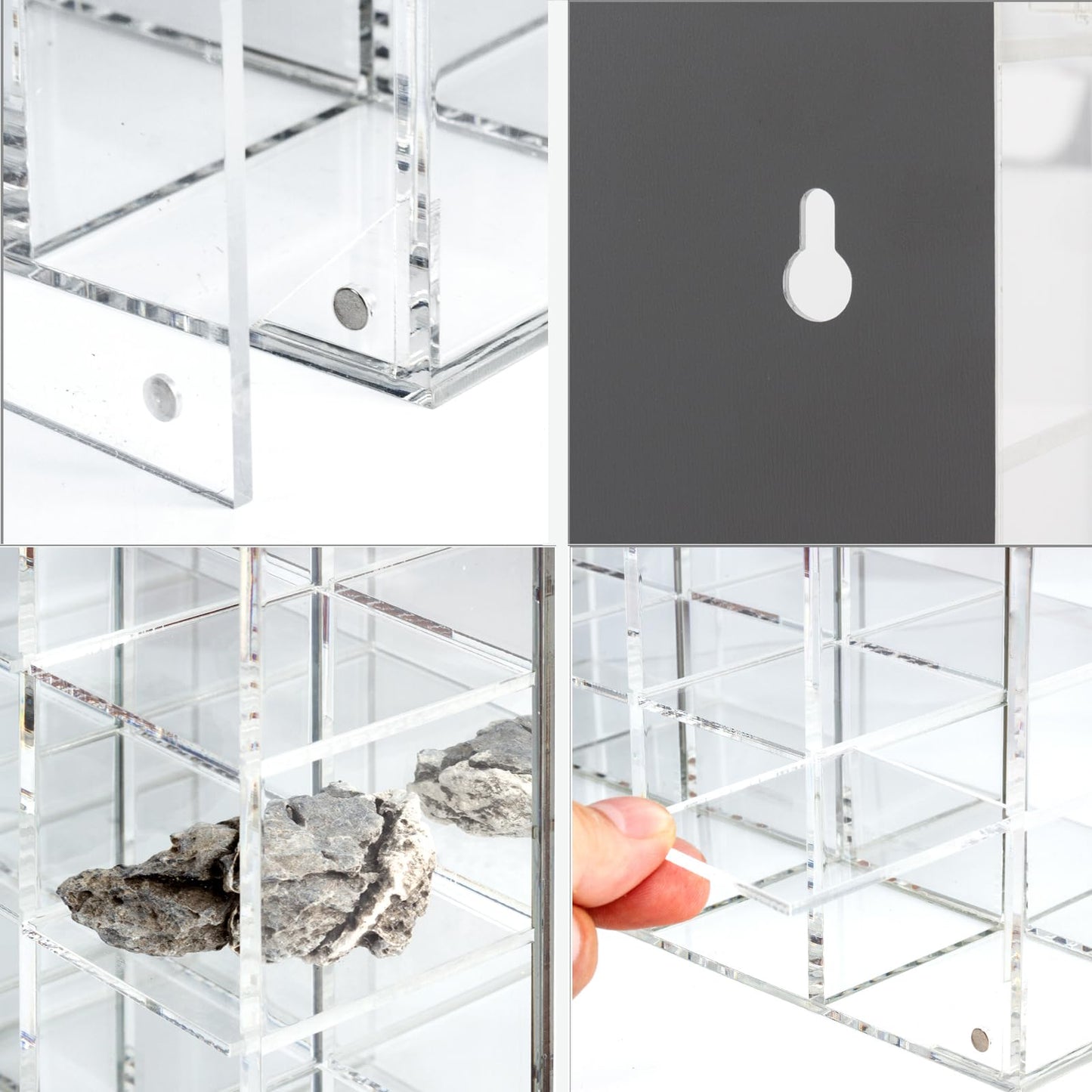 Acrylic Rock Display Case, Adjustable Rock Display Cabinet with Mirrored Back, Wall Mounted Stones Storage Box Showcase, Clear Display Case for Collectibles, Fossil, Shells, Mineral Crystal