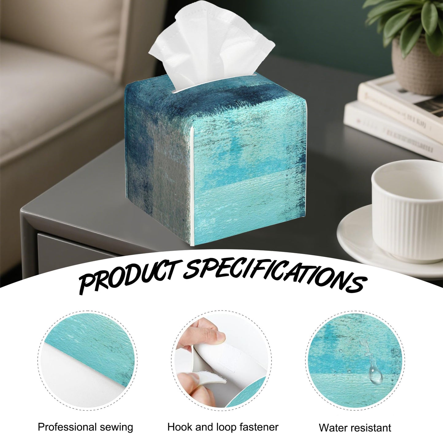 Abstract Turquoise Grey Art Tissue Box Cover,PU Leather Tissue Box Holder Square,Modern Home Decoration for Bathroom Living Room Kitchen Office Car,5.2"×5.2"×5.2"