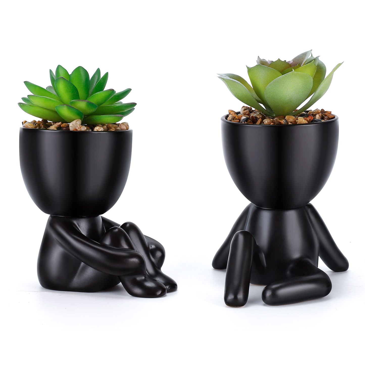 WOODWORD Fake Succulent, Mini Succulents Plants Artificial in Black Modern Human Shaped Ceramic Pots Desk Decor Desk Plant for Office Decor for Women, Cute Fake Plants Bathroom Decor 2PCS