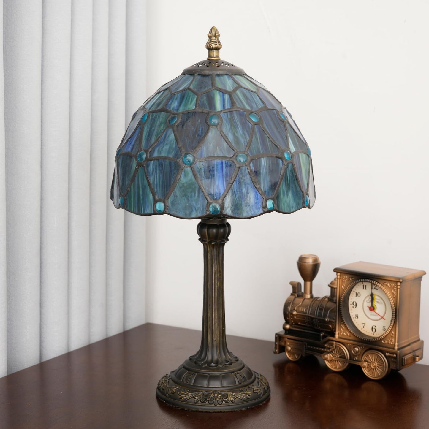 KIPHEPI Tiffany Lamp Stained Glass Table Lamp 8X8X14 Inches Sea Blue Style Living Room Bedroom Dorm Kitchen Home Decor Festival Birthday Gift